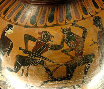 Theseus and the Minotaur. Detail from an Attic black-figure amphora, c. 575 BC–550 BC.