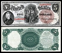 Obverse and reverse of a five-dollar United States Note
