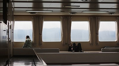 The number of actual seats has traditionally been very limited like on this Japanese passenger ferry, with larger spaces dedicated to tatami or broadloom areas where passengers can sit or lie down (on Shikoku and Kyushu ferry, 2014).