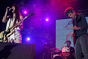 Blonde Redhead performing at the Coachella Valley Music and Arts Festival in Indio, California, United States L-R: Kazu Makino, Simone N. Pace, Amedeo F. Pace