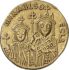 Gold coin depicting two crowned figures in imperial attire: Thekla, larger on the right, with her brother Michael III, smaller on the left.