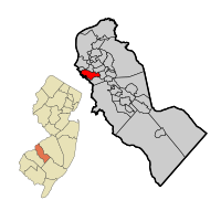 Location of Bellmawr in Camden County highlighted in red (right). Inset map: Location of Camden County in New Jersey highlighted in orange (left).