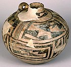 Painted pottery, Anasazi, North America: A canteen (pot) excavated from the ruins in Chaco Canyon, New Mexico, c. 700 AD–1100 AD