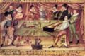 1590, Collegium Musicum, Lauingen, Germany. From the left: viol, flute, mandörgen or gittern, fiddle or rebec, shawm, harp, slide trumpet or clarion trumpet, cornett, clavichord.