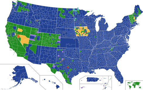 A map of 2020 Democratic Party presidential primary and caucus results by county.