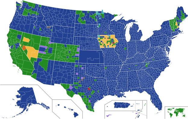 Results by county according to first determining step relevant for delegate allocation. In Iowa, this is State Delegate Equivalents (SDEs) elected at precinct caucuses; in Nevada, this is County Convention Delegates (CCDs). In other states, this is the popular vote for each candidate.