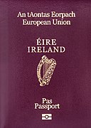 A passport, displaying the name of the member state, the national coat of arms and the words "European Union" given in their official language(s) (Irish version pictured)
