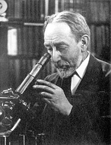 Black and white photograph of a bearded man in jacket and tie looking down a microscope
