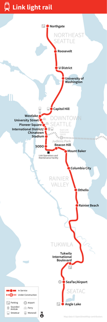 A map depicting the route of the 1 Line through Seattle, with stations marked and labeled.