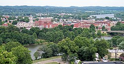 Downtown Marietta, with Muskingum River in foreground, and Ohio River in background right