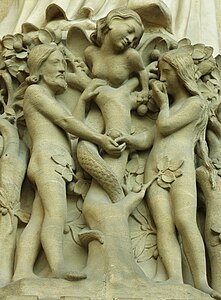 The serpent tempts Adam and Eve; on the Portal of the Virgin
