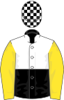 Black and white (halved), yellow sleeves, black and white checked cap
