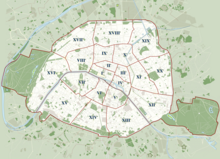 Grafik von Paris mit den 20 nummerierten Stadtteilen. Links und rechts sind innerhalb der Stadtgrenze Grünflächen eingezeichnet.
