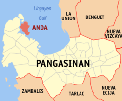 Map of Pangasinan with Anda highlighted
