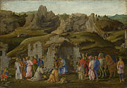 Adoration of the Kings, Filippino Lippi. Tobias and the Angel (left side) are among various small figures of saints dotted around the landscape background.