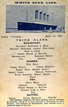 The image depicts the third class menu of the RMS Titanic on the day of her sinking on the 14th of April, 1912, showing Gruel as part of the menu.