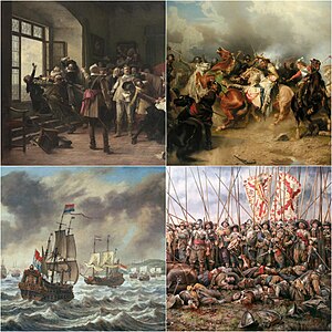 Von links oben nach rechts unten: Prager Fenstersturz, Tod von Gustav II. Adolf in der Schlacht bei Lützen, Seeschlacht bei den Downs, Schlacht bei Rocroi