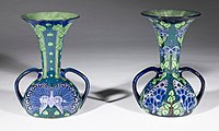 Vases designed by Courtney Lindsay, mixing printed and painted decoration, 1900–01