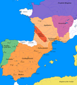 Image 70The greatest extent of the Visigothic Kingdom of Toulouse, c. 500, showing Territory lost after Vouillé in light orange (from History of Spain)