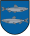 A coat of arms depicting a silver fish swimming to the right on the top and another fish swimming to the left on the bottom all on a blue background