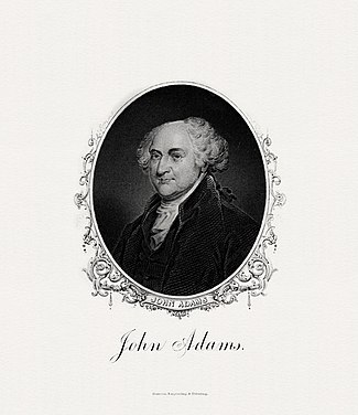 An engraved portrait of Adams as president by the Bureau of Engraving and Printing