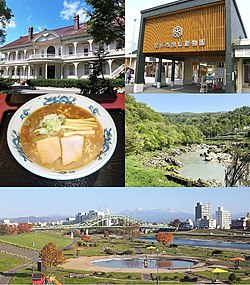 Top: Asahikawa Museum of Sculpture, Asahiyama Animal Park Middle: Asahikawa Ramen noodle, Kamuy Kotan Bottom: Panoramic view of Asahi Bridge and Taisetsu Mountain Range, (all item of left to right)