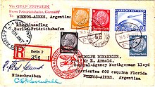 The reverse of a postcard. The consignee's address is in Buenos Aires, Argentina. It bears (on the right, above the address) 25 ℛ︁ℳ︁ worth of postage stamps and a special Deutsche Luftpost stamp for 2 ℛ︁ℳ︁. The stamps are cancelled by a postmark: "Berlin, 26.5.34", and a red cachet saying: "Deutsche Luftpost: Europa-Sudamerika" with a motif of a zeppelin and a Dornier Wal. On the left is the receiving postmark: "Buenos Aires, Argentina 31 May 1934"