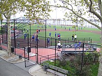 The park has numerous athletic facilities, for baseball, football, soccer, basketball, tennis, and running (all to be demolished except landmarked building)