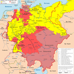 March/April 1850: states that had MPs elected in the Erfurt Parliament (yellow), states part of the Four Kings Alliance (Dark red)