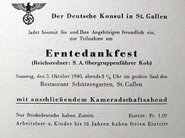 Thanksgiving 1940 evening invite by German consul in St. Gallen