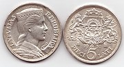 The iconic design of 5 lats coin still used in Latvian euro coins