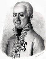 Black and white print of a smiling man with short hair. He wears a white military uniform with fancy edging on the collar and lapels with the Knight's Cross of the Order of Maria Theresa pinned to the coat.