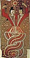 The two conjoined figures are Fuxi and Nuwa holding a compass and a ruler respectively; a painting discovered at the Astana Graves. Burial objects in the Turpan region often display a strong Chinese influence as Chinese Han culture was introduced early in its history.[23]