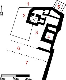 Grundriss der Hodeburg, 1 = Schildmauer; 2 = Wohnturm; 3 = Hof; 4 = Bergfried; 5 = Turm (Reste); 6 = Graben; 7 = Vorburg[1]