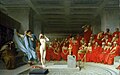 19th century interpretation of the hetaira: Jean-Léon Gérôme's painting Phryne Before the Areopagus depicts the hetaira Phryne on trial. The sight of her nude body, according to legend, persuaded the jurors to acquit her.
