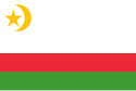 Flag with star and crescent in the canton, with a background of white, red and green stripes (the first being larger than the other two)
