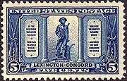 A blue postage stamp. In the middle is a statue of a man in 18th-century clothing. He holds a rifle, and his coat is on a plow beside him. On tablets to the immediate left and right of the statue are four stanzas of the Concord Hymn. Above is printed "United States Postage"; below, "Lexington-Concord" and "Five Cents". In the bottom corners are the numeral 5 with the year 1775 on the left and 1925 on the right.
