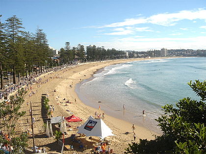A view of Manly Beach looking North from above the Manly Surf Lifesaving Club at the Southern end of the beach.
