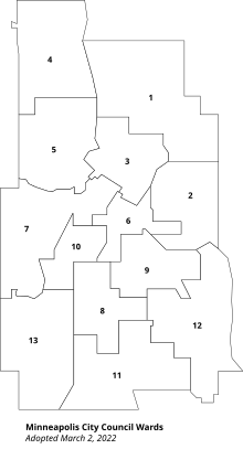 Map of the city of Minneapolis with the thirteen ward boundaries outlined and numbered