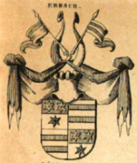 Wappen des Stammvaters Ludwig II. als Graf zu Erbach-Fürstenau (Felder 1 und 4: geteilt oben in Rot zwei silberne Sterne und unten in Silber ein roter Stern) und Herr zu Breuberg (Felder 2 und 3: in Silber zwei rote Balken)