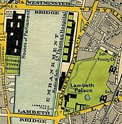 Map of 1897, showing the palace opposite the river from Westminster Palace, with Lambeth Bridge and Westminster Bridge crossing the river