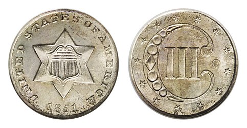 Silver three-cent piece (first struck 1851)