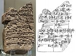 The first known Sumerian-Akkadian bilingual tablet dates from the reign of Rimush. Top column is in Sumerian and bottom column is its translation in Akkadian. (Louvre AO 5477)[44][45]