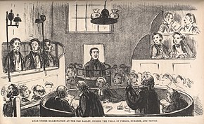 Contemporary news illustration. The caption reads "Agar under examination at the Old Bailey, during the trial of Pierce, Burgess and Tester"