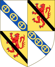 Arms of James, Earl of Rothes, Chief of Clan Leslie: Quarterly 1st and 4th Argent, on a bend azure three buckles or (Leslie) 2nd and 3rd Or, a lion rampant gules over all a ribbon sable (Abernethy)