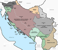 The Governorate of Montenegro is shown on this map of the Axis occupation of Yugoslavia to the immediate west of Albania shown in white and a darker shade of green.