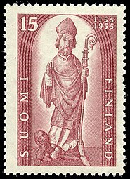 1955 stamp depicting a wooden sculpture of Henry stepping on Lalli, from the church of Isokyrö