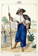 Cuadrillero by José Honorato Lozano, depicting a 'cuadrillero' or village police (local deputies or constables) in a salakot with a horsehair plume, c.1847