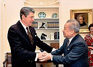 Prince Norodom Sihanouk, for many the recognised leader of Cambodia, pictured with US President Ronald Reagan in the Oval Office, 11 October 1988.