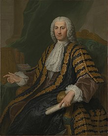 Bilson-Legge seated wearing black silk robes and long wig (oil on canvas portrait)